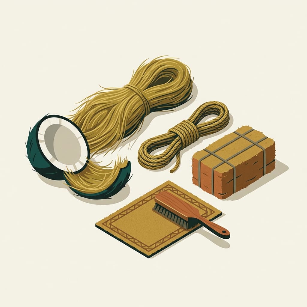 Illustrated Ceylon coir heritage: halved coconut, golden coir fibre, twine, a fibre bale, doormat and brush.