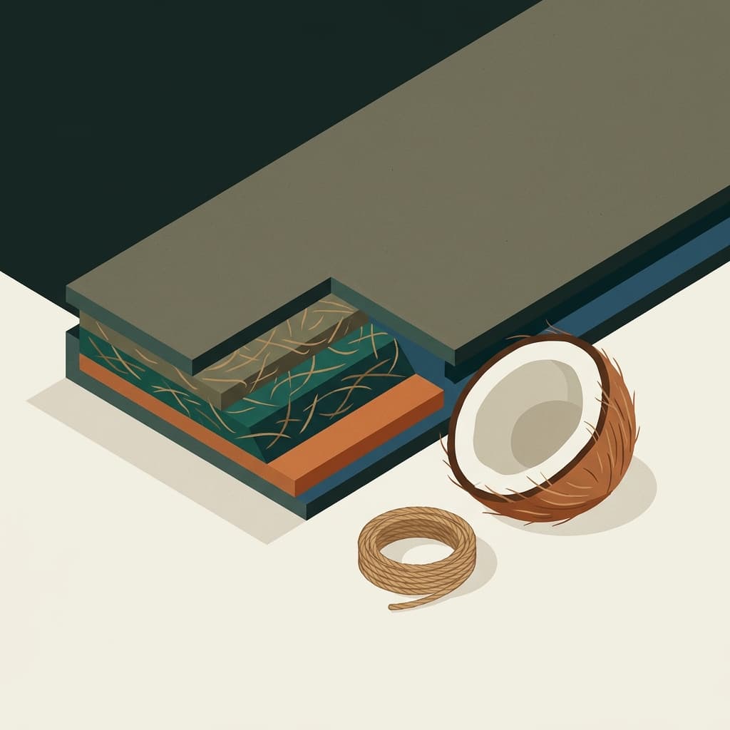 Isometric illustration of a wood-plastic composite board with coconut coir dust.