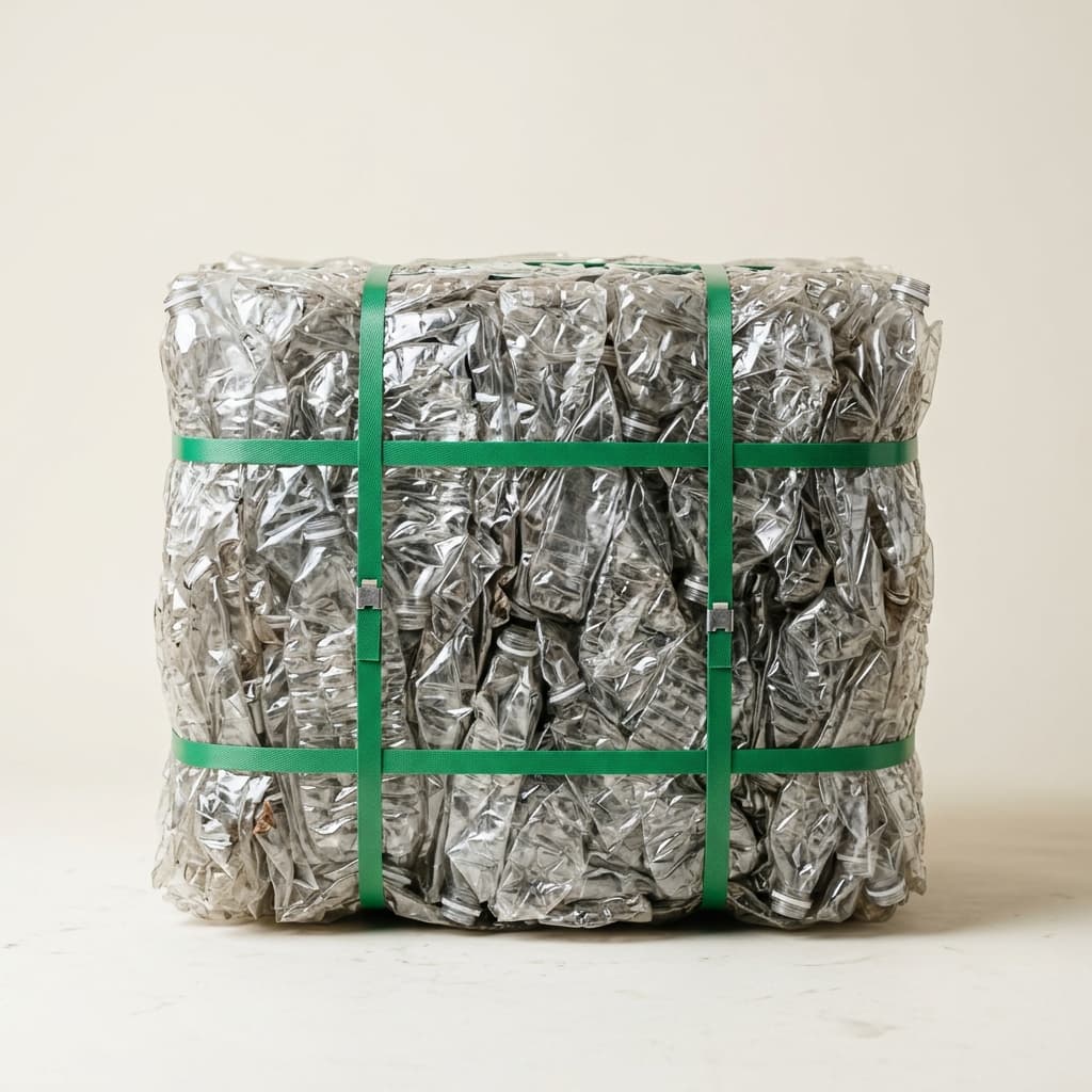 Compressed bale of PET bottles with strapping.