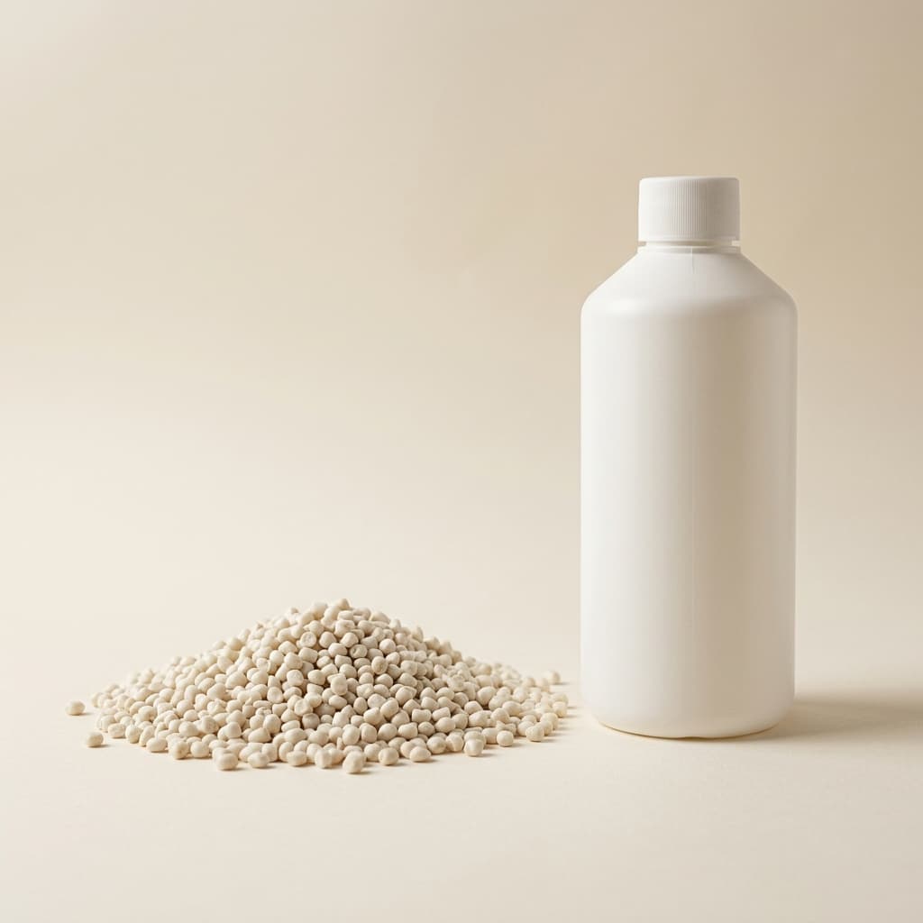 HDPE blow-moulding pellets beside a white bottle.