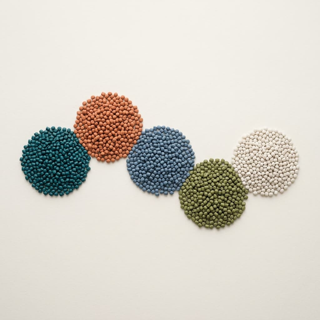 Recycled pellets sorted into heaps by colour.