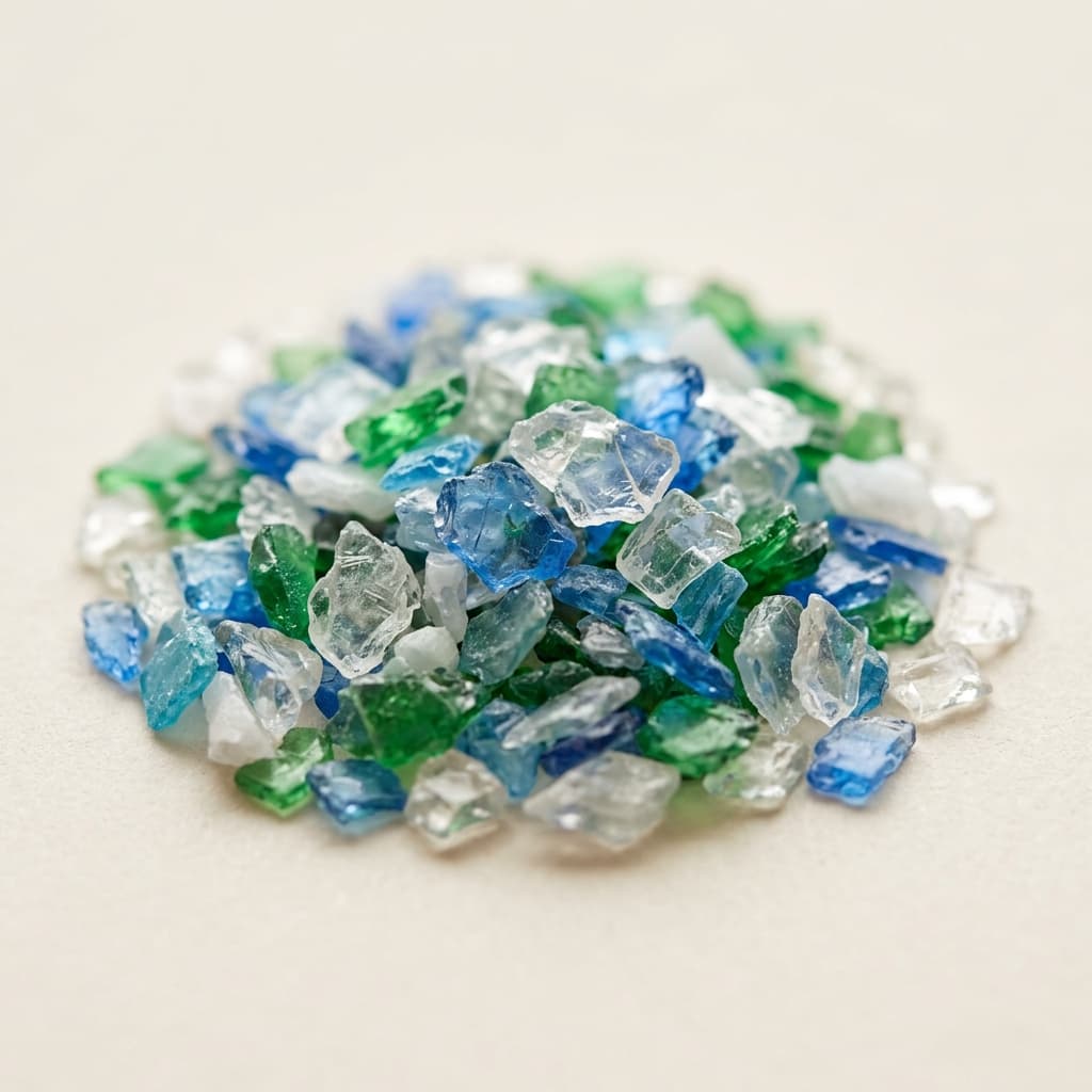 Pile of washed recycled plastic flakes.