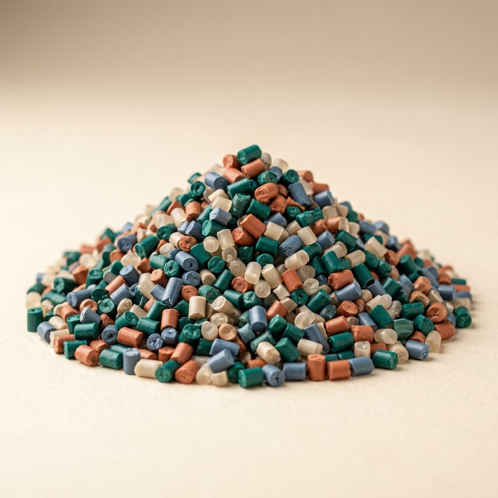Heap of recycled plastic pellets in mixed colours.