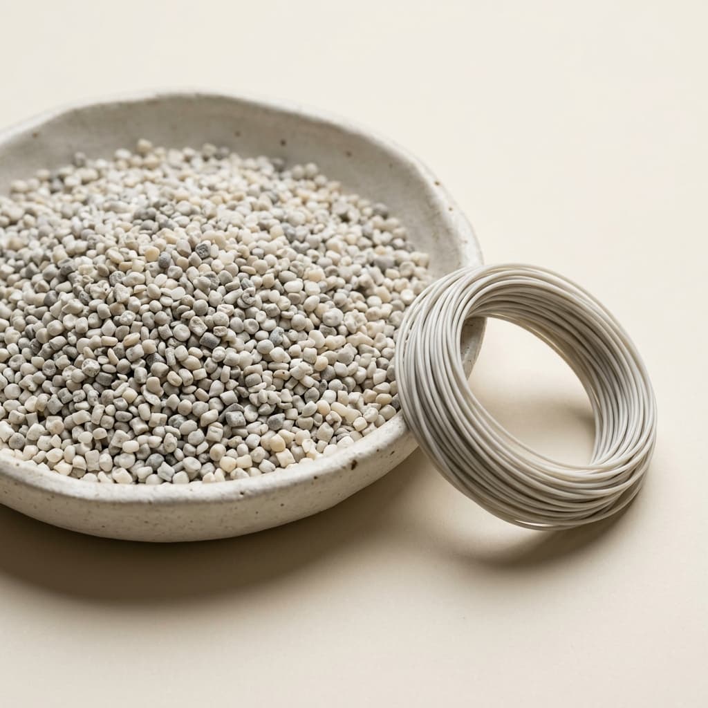 Recycled nylon pellets in a tray beside a filament coil.