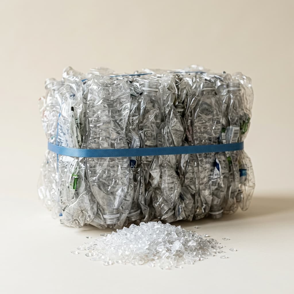 Compressed bale of PET bottles with washed clear flakes.